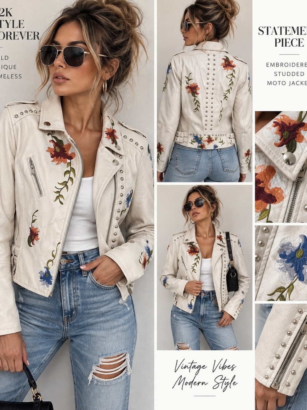 Y2K White Faux Leather Floral Embroidered Studded Moto Jacket XL - Picture 2 of 11